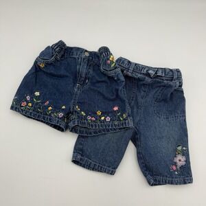 Lot Of 2 Baby Girl Denim Jean Pant & Short Set Flower Embroidered Size 3-6 Month
